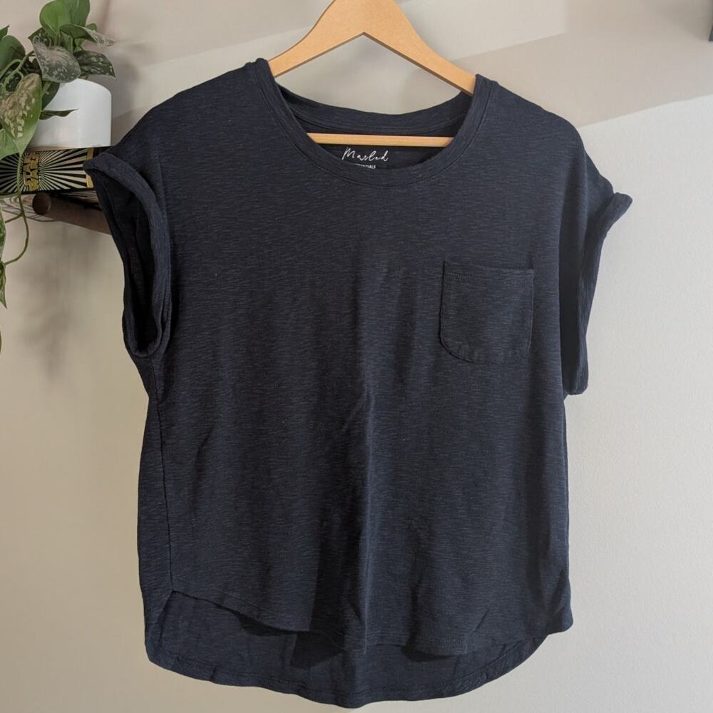 Marled Essentials Navy Blue Knit Pocket Tee Relaxed Women's Large